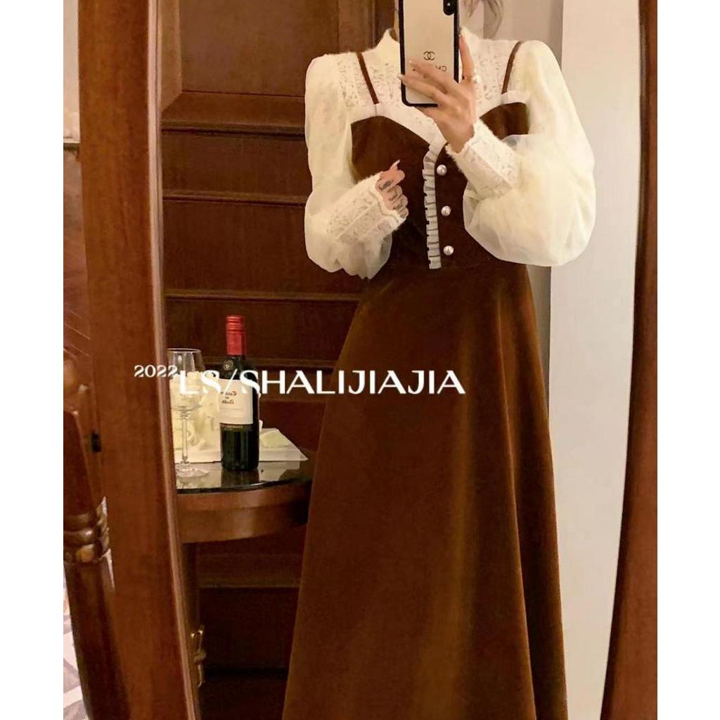 Váy Nhung Nữ giả hai chi tiết Hepburn dáng dài kín đáo cho bạn nữ thêm quý phái