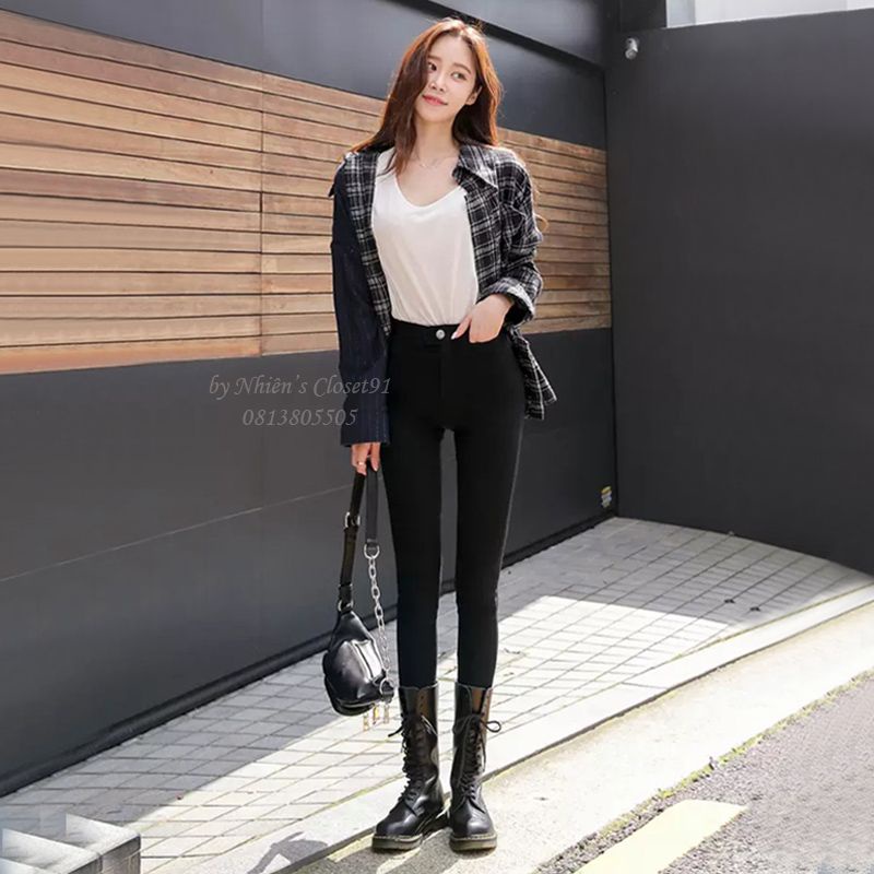 Quần legging nữ dài cạp cao gen bụng màu đen chất Umi dày dặn co dãn có túi khoá trước 1 khuy dáng tregging nâng mông | BigBuy360 - bigbuy360.vn