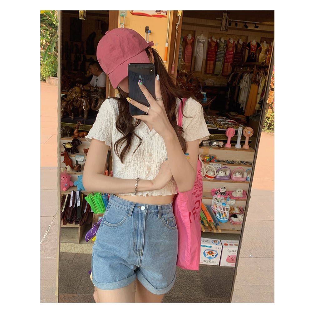 Xiaozhainv Áo croptop tay ngắn cổ V màu trơn thời trang gợi cảm cho nữ