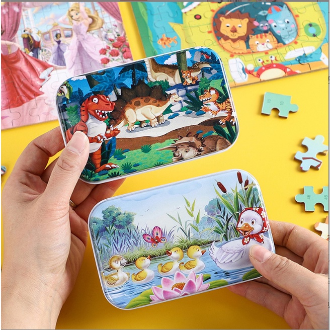 Đồ chơi bộ tranh xếp hình, ghép hình bằng gỗ 60 mảnh puzzle có hộp thiếc cho bé - tranh ghép gỗ 60 miếng