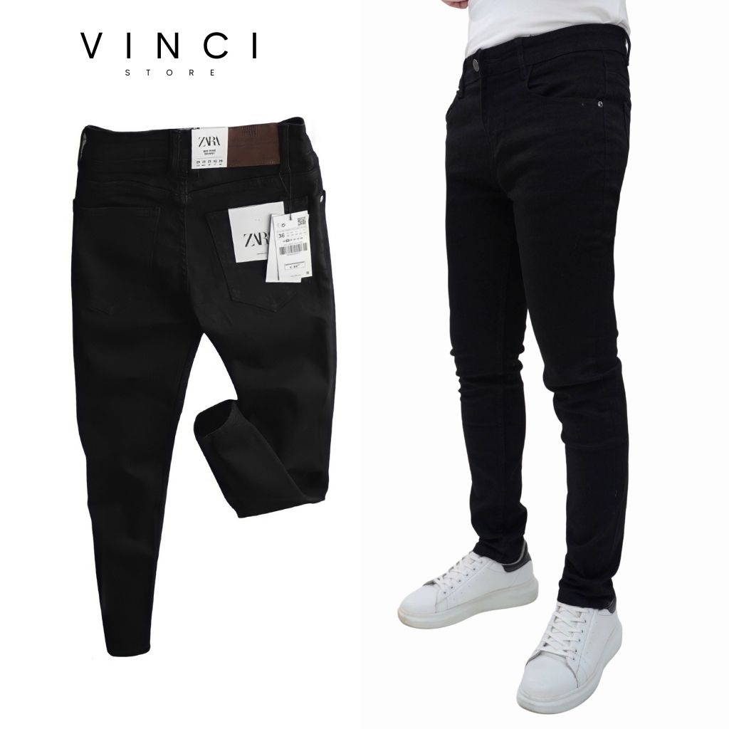 Quần Jean Nam Đen Trơn ZR VNXK Skinny & Slim Fit Ống Côn Co Dãn Tôn Dáng