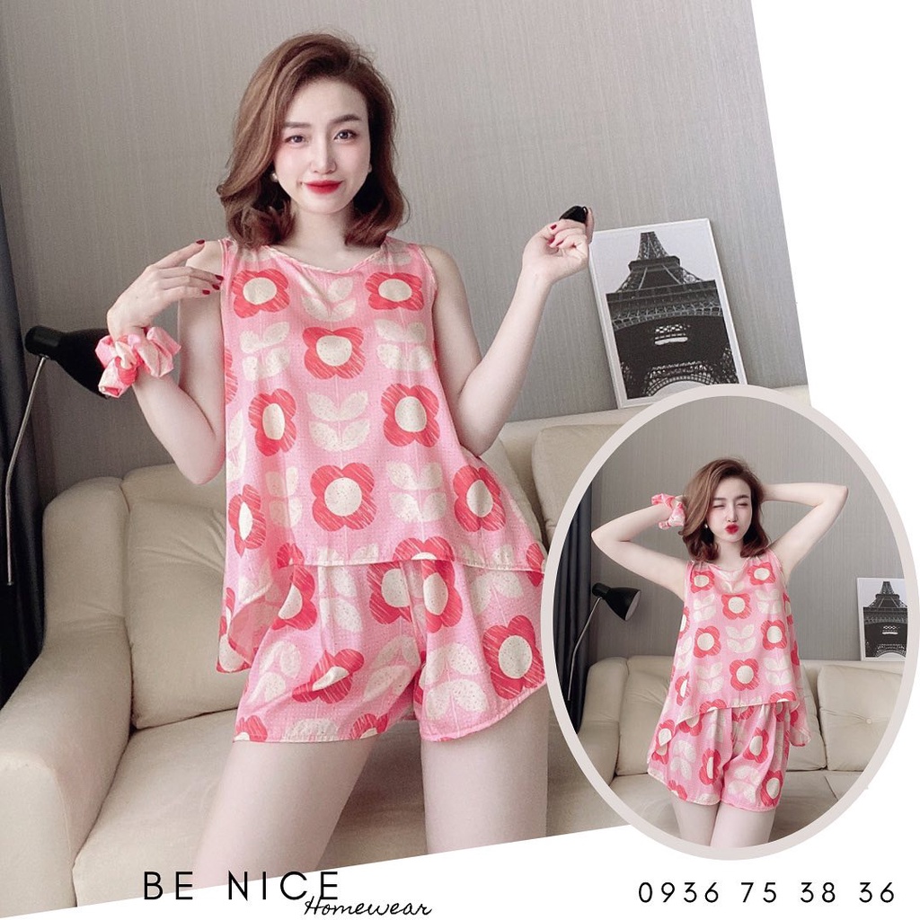 Set lụa ngắn cổ tròn lệch tà kèm cột tóc xinh xắn nhà Be Nice Homewear