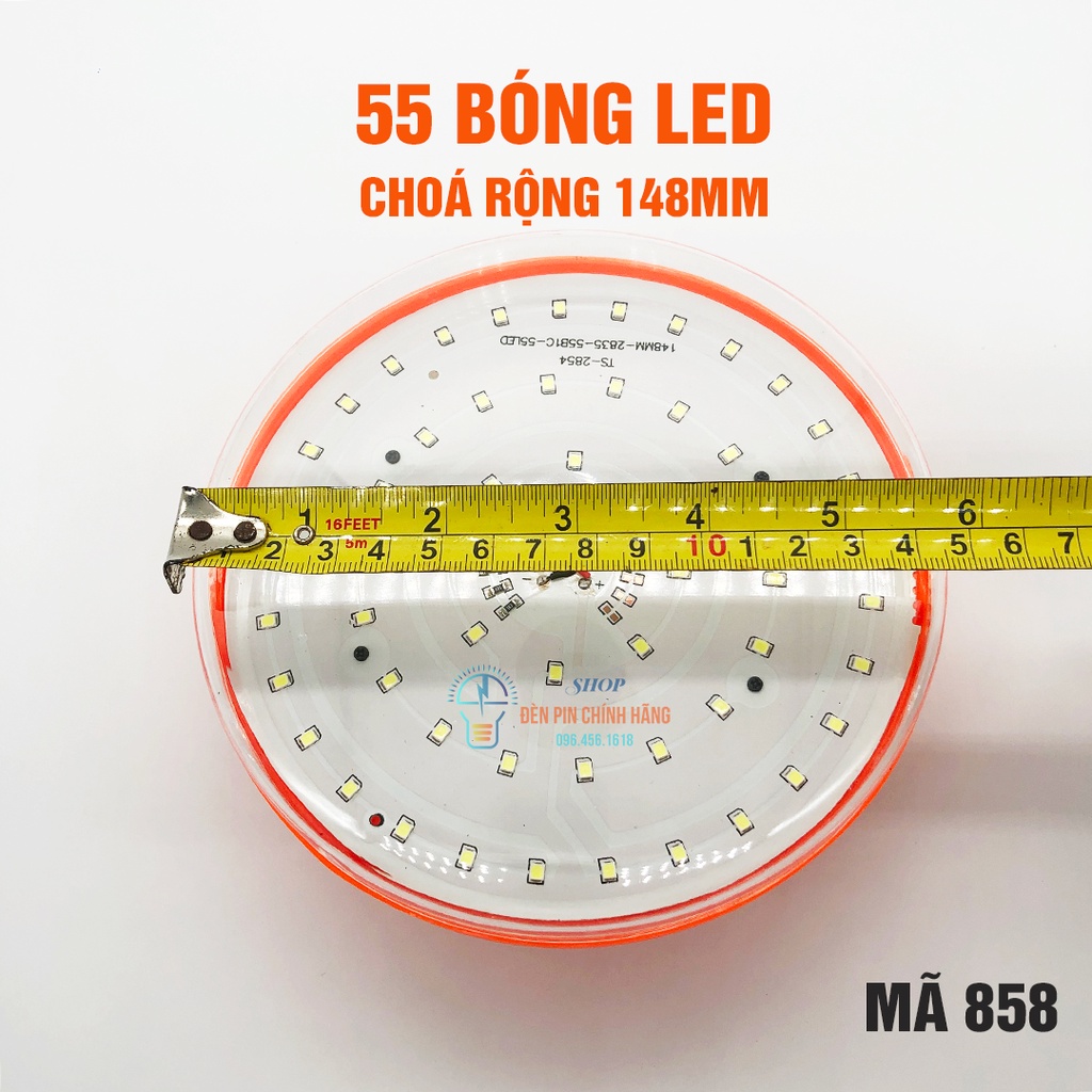 Đèn tích điện siêu sáng YUXING 858 với 55 bóng LED nhỏ 200w có móc treo. Thời gian sử dụng 8h - 10h tặng kèm sạc cao cấp
