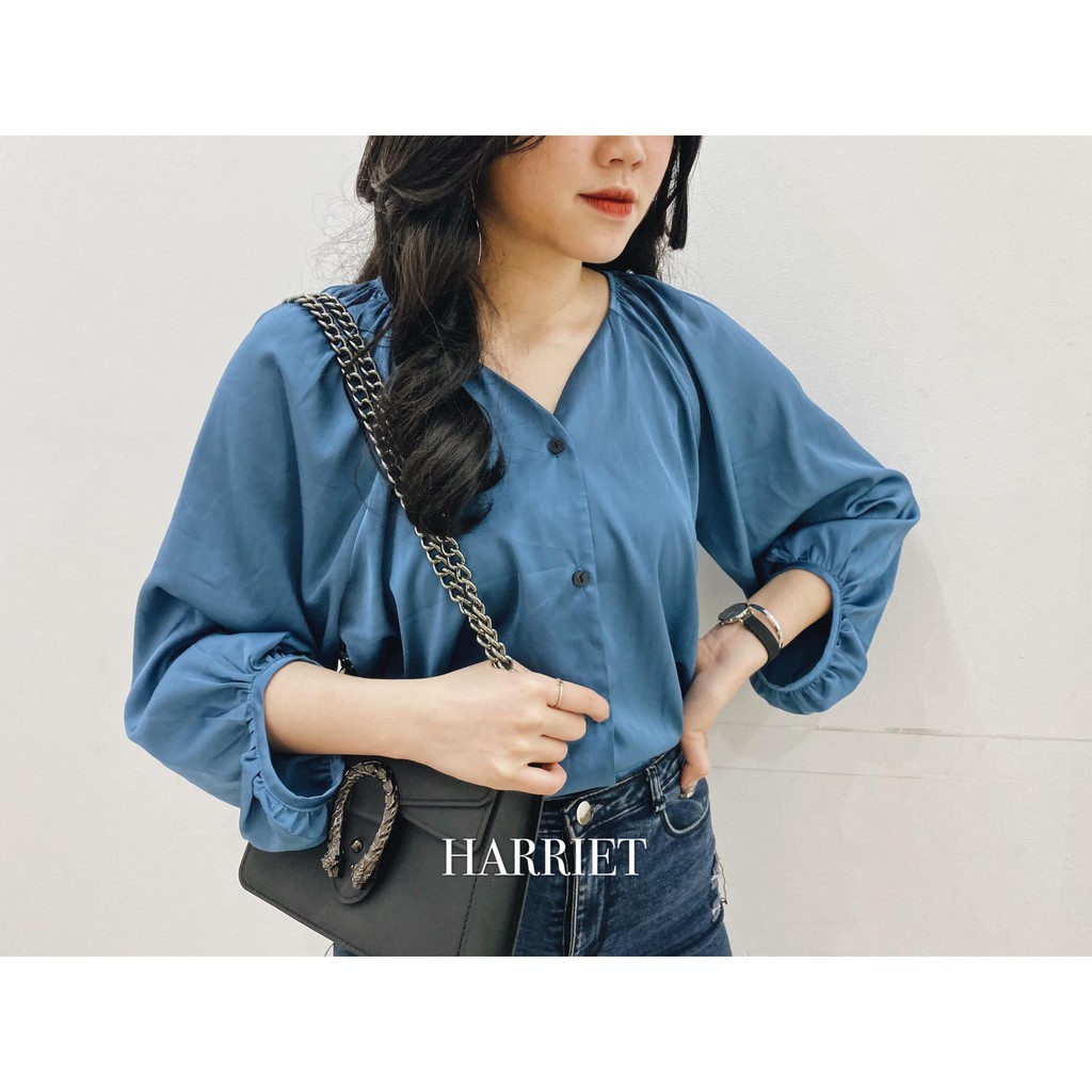 Áo sơ mi nữ lụa chun vai thiết kế Harriet