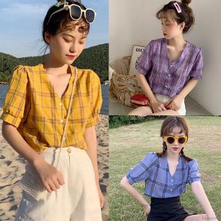 Áo sơ mi tay ngắn cổ chữ V hoạ tiết sọc ca-rô phối nút cho phái nữ