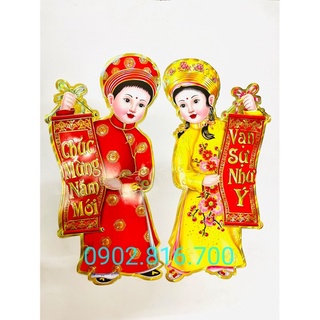 Hình dán hai em bé mặc áo dài Việt Nam phụ kiện trang trí tết