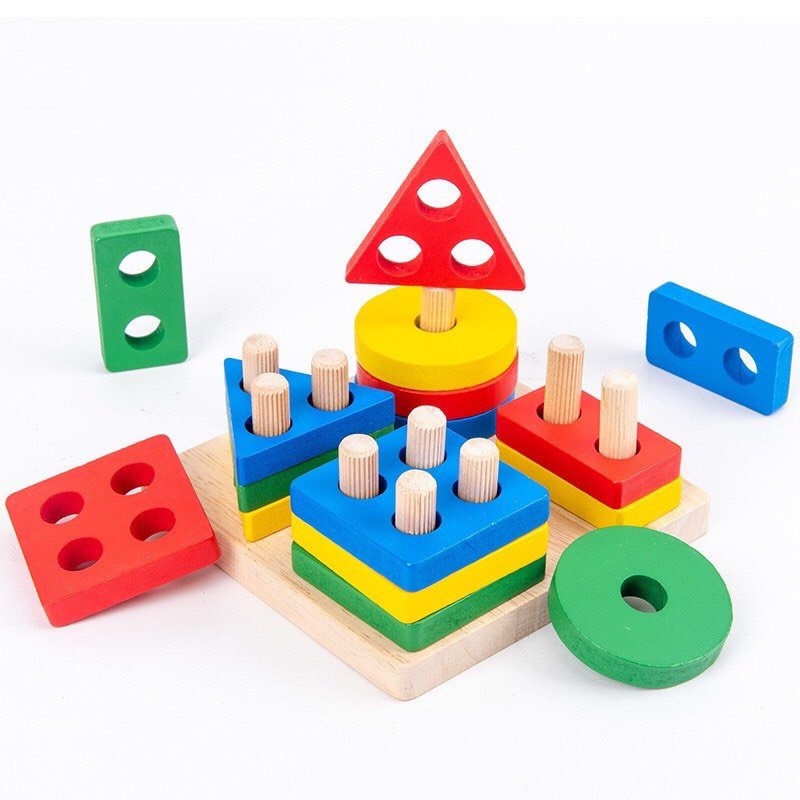 Thả Khối Trụ Vuông Thả Khối Montessori 4 Trụ Bằng Gỗ Giúp Bé Nhận Biết Hình Khối Và Màu Sắc