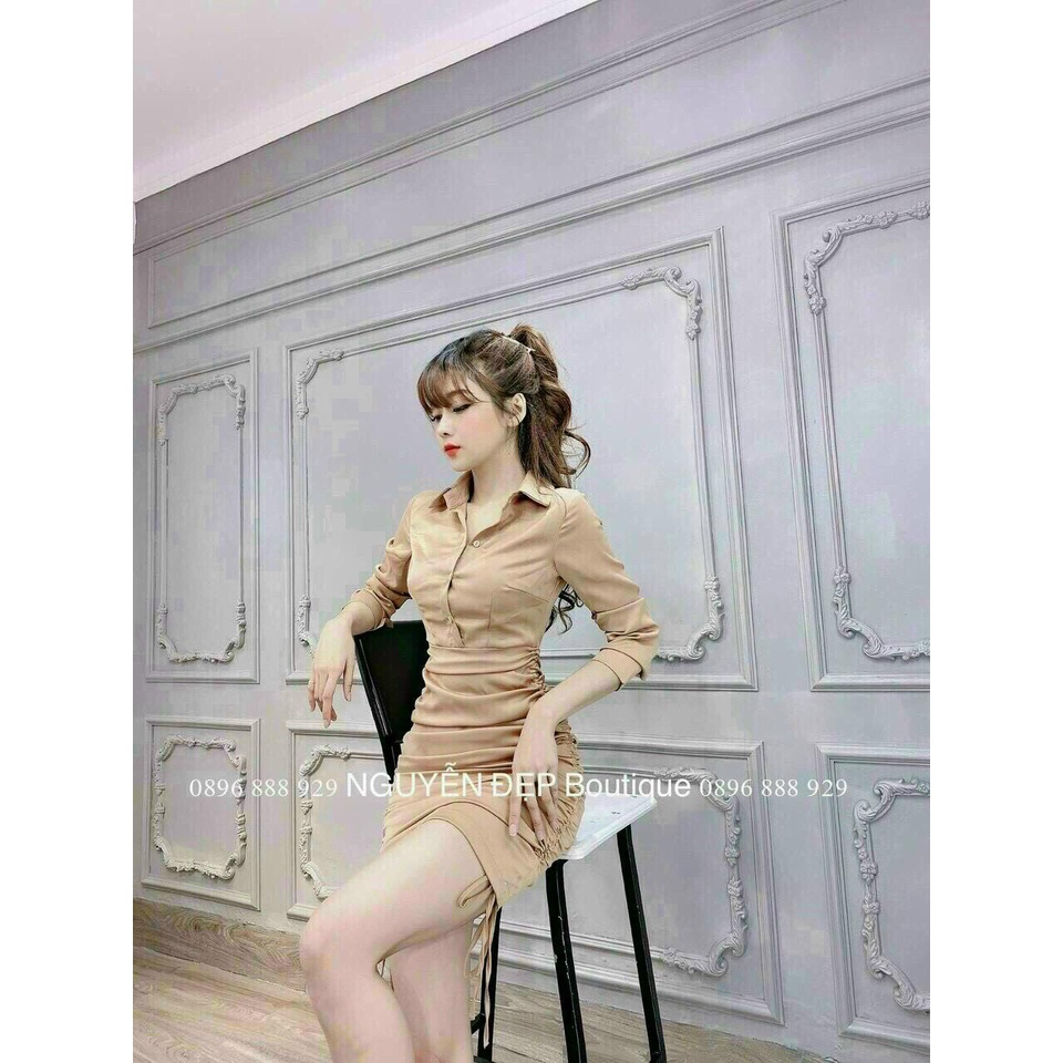 Đầm Nữ ⚡𝙎𝙄𝙀̂𝙐 𝙎𝘼𝙇𝙀⚡ Đầm Body Tay Dài Rút Dây Cổ Sơ mi Cài Nút Thật Thời Trang - 78055