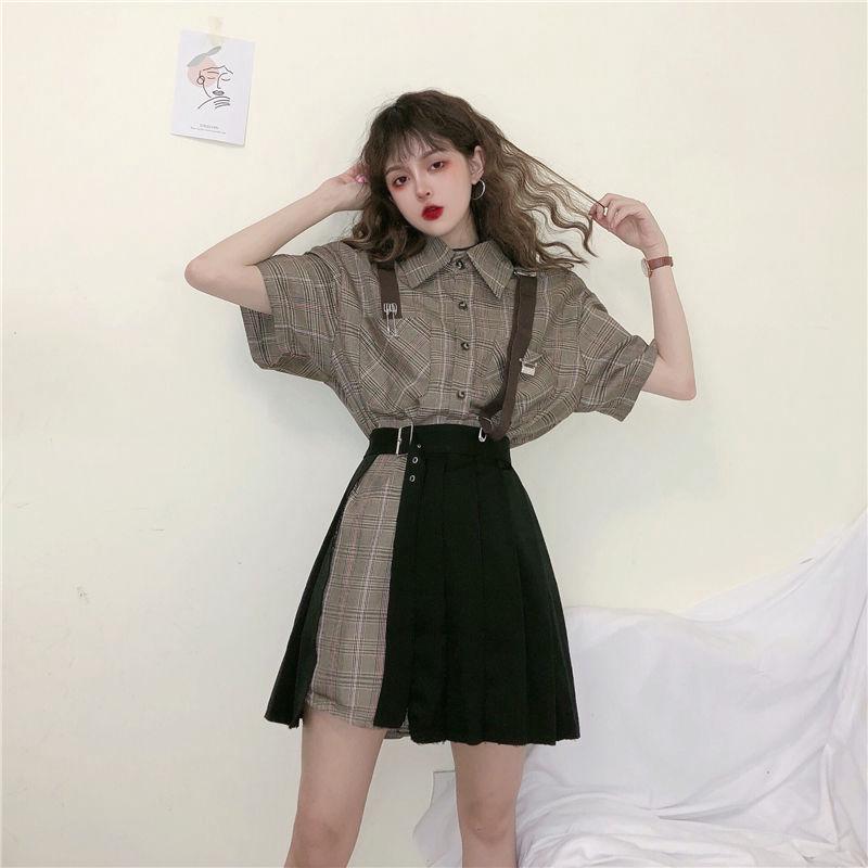 Bộ Áo Sơ Mi Tay Lửng + Chân Váy Ngắn Xẻ Tà Họa Tiết Kẻ Sọc Màu Đen Phong Cách Phương Tây Thời Trang Mùa Hè Cho Nữ