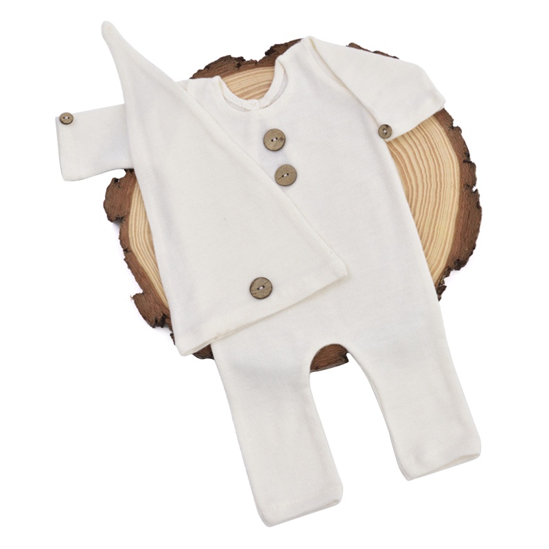 Bộ 2 Món Áo Liền Quần Màu Trơn Cài Nút + Mũ Đuôi Dài + Băng Đô Chụp