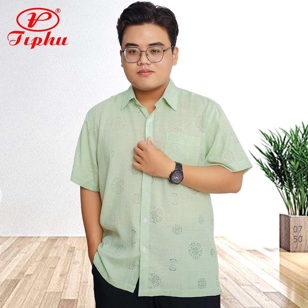 Áo sơ mi nam hoa văn bigsize, dáng rộng, tay ngắn, vạt ngang, hoạ tiết chữ thọ, hiệu Amazing