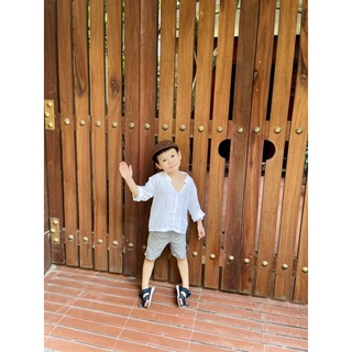 Áo sơ mi bé trai cổ trụ Linen lụa