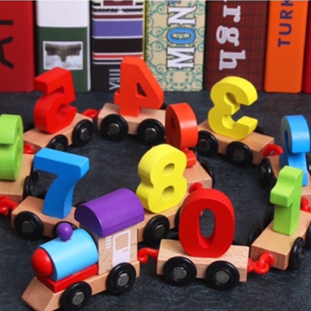 Đồ chơi cho bé, đoàn tàu hỏa thả hình số học bằng gỗ cho bé - đồ chơi gỗ Bonkids toys