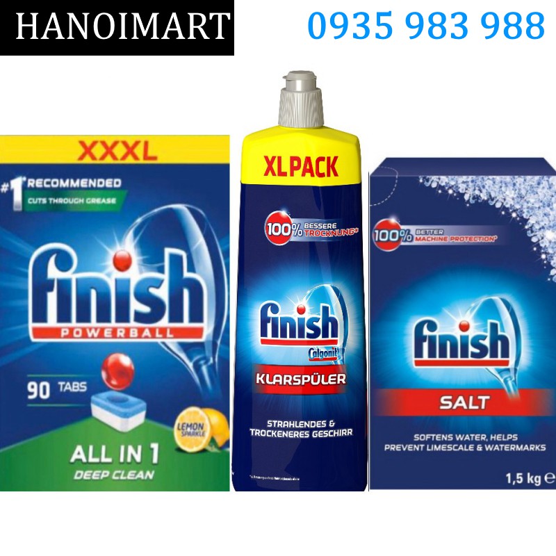 Combo Viên Finish All in one 90 Viên + Muối Finish 1.5kg + Nước làm bóng bát Finish 750ml - HANOIMART, viên rửa bát 90 v