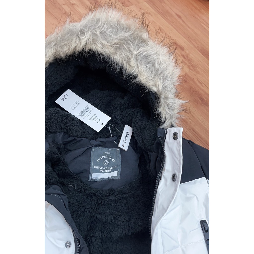 Áo phao Parka Geogre mũ lông màu trắng đen size lớn
