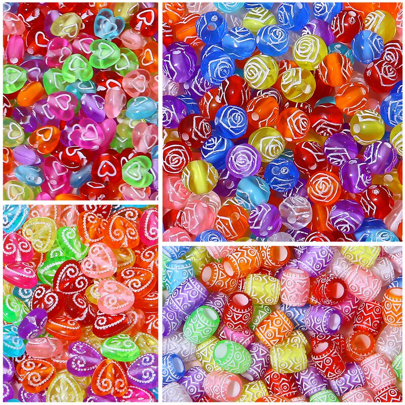 Gói 30g hạt acrylic khắc hoa / trái tim phong cách cổ trang xỏ lỗ làm vòng tay / vòng cổ thủ công DIY