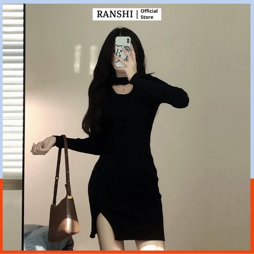 [SALE TẾT] Váy Body Cổ Chorker RDB002 Xẻ Tà Cao Cấp Váy Thu Đông Chất Len Tăm Phong Cách Quyến Rũ Đi Chơi Đi Làm RANSHI