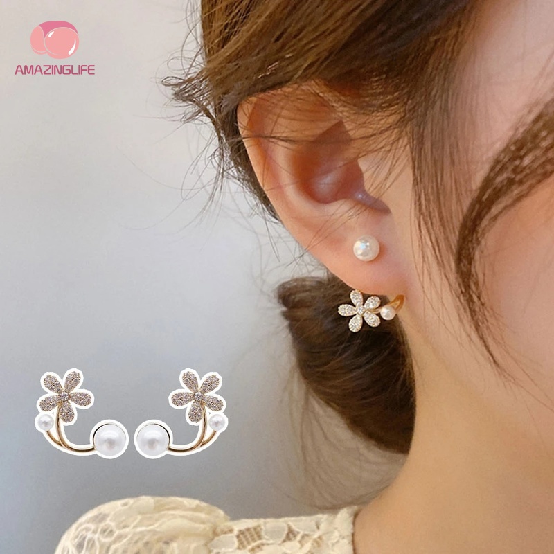 Khuyên Tai / Bông Tai Hình Hoa Tulip Đính Ngọc Trai Giả Thời Trang Hàn Quốc Cho Nữ