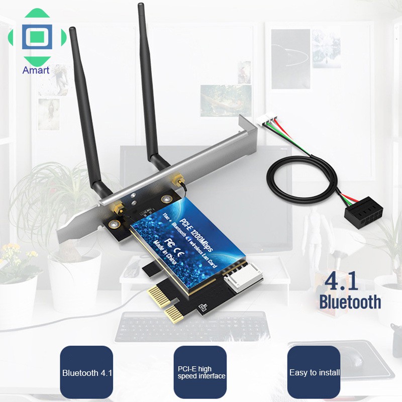 AM EDUP 1200Mbps PCI-E WiFi Wireless Card Adapter Bluetooth 4.1 for Desktop PC