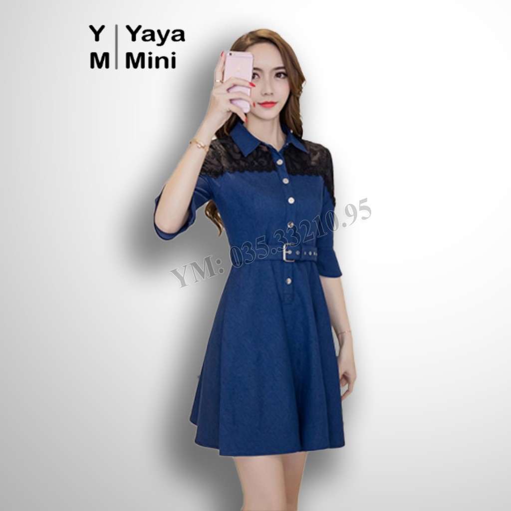 Đầm Jeans Nữ Cao Cấp YayaMini Thiết Kế Tay Lững Cổ Bẻ Phối Ren Lưới Dáng Xoè - MS 3831 [Hỗ Trợ Đổi Trả Miễn Phí]