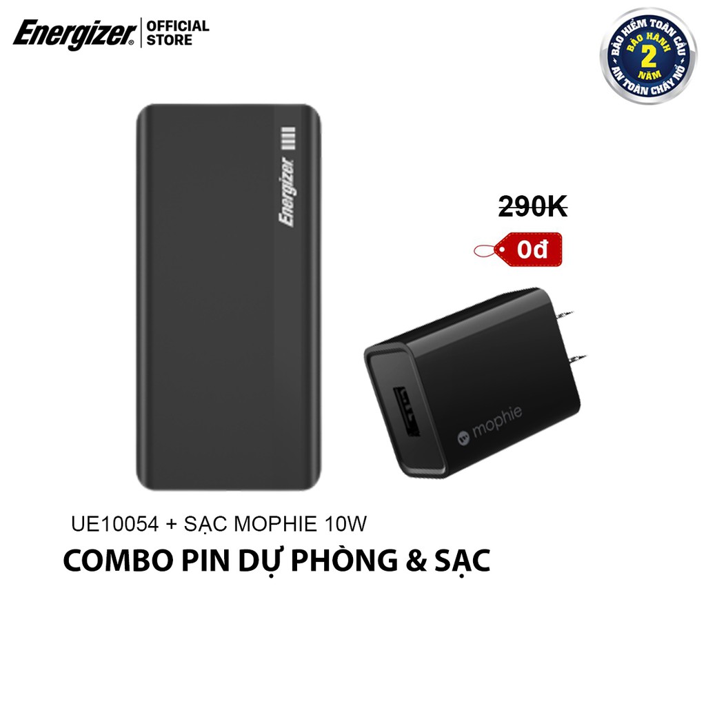 Combo pin dự phòng Energizer 10000mAh UE10054 + Cốc sạc Mophie 10W - Hàng chính hãng, Bảo hành 2 năm 1 đổi 1