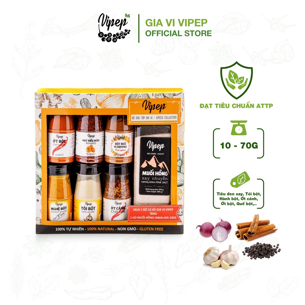 [Tặng muối hồng xay 500g] Hộp 12 hũ gia vị nấu ăn, tẩm ướp, gia vị quý Vipep