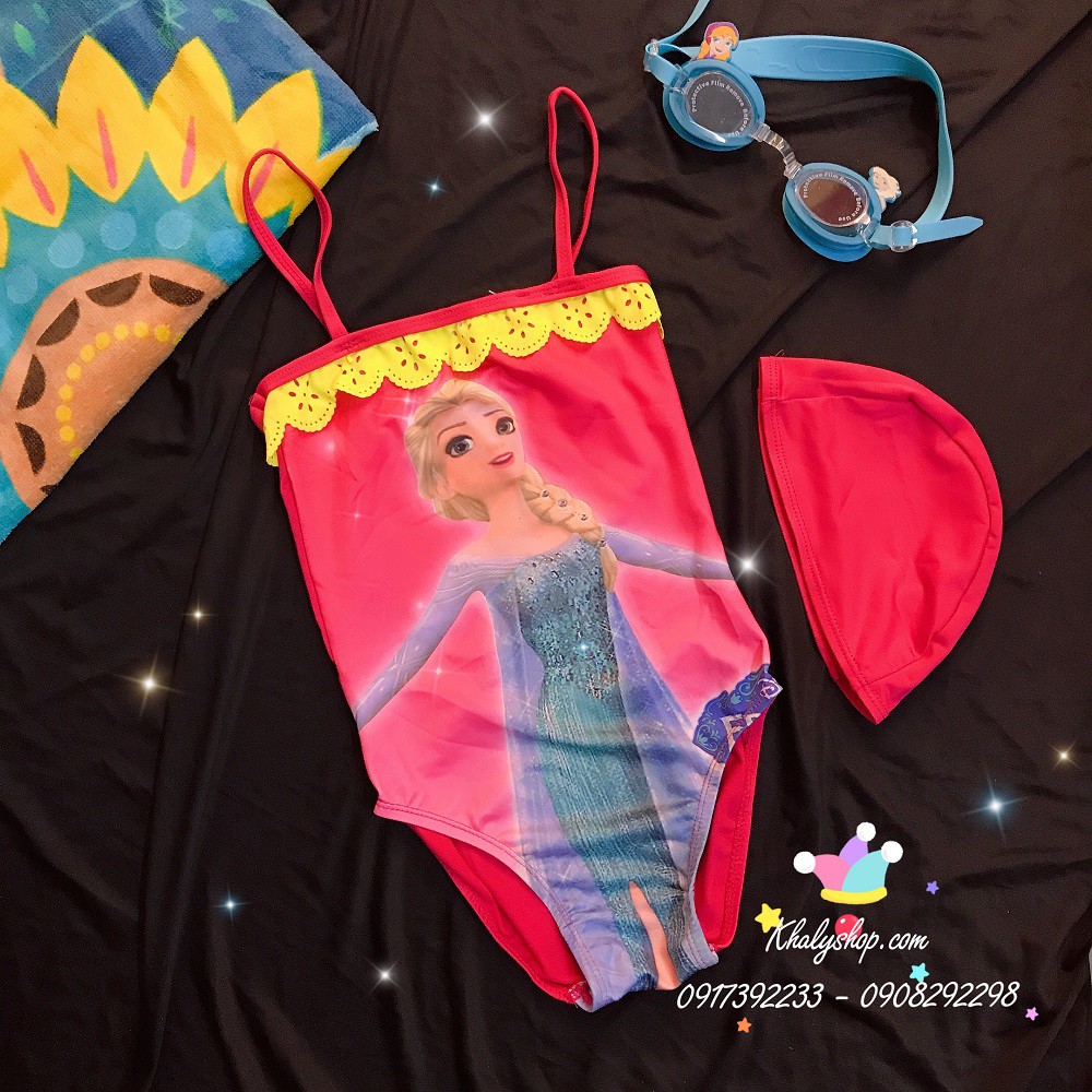 Bộ đồ bơi 2 dây liền thân kèm nón hình công chúa Elsa (Frozen) màu hồng size (XL,XXL) cho trẻ em, bé gái - 15DB2DFZH