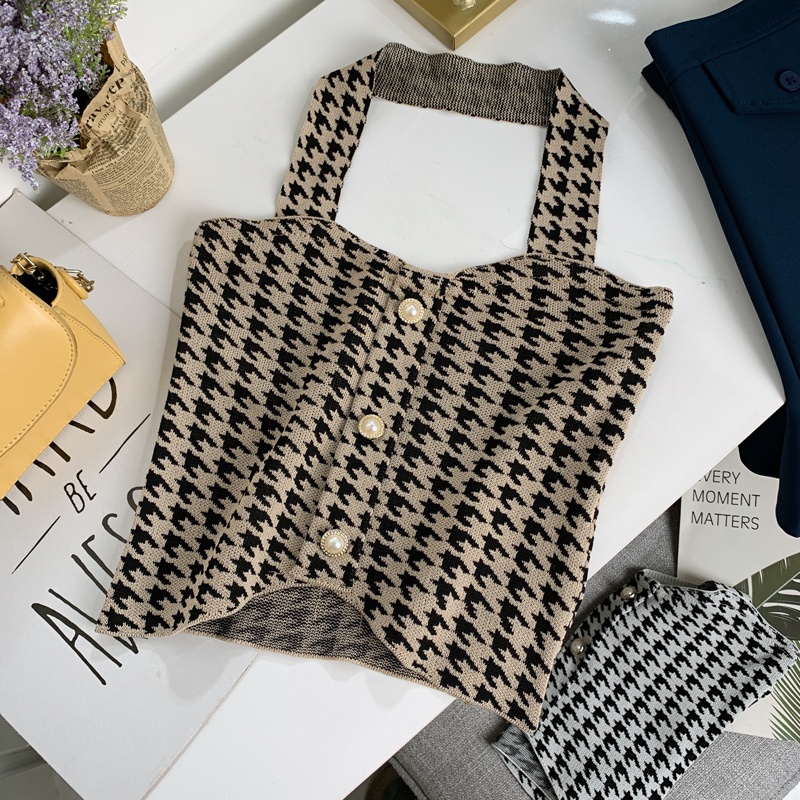 Áo vest cổ yếm có khóa ngọc trai thời trang xuân thu hàng mới
