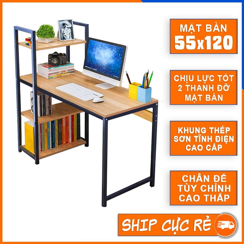 Bàn làm việc khung sắt kèm giá sách sơn tĩnh điện chịu lực cao, bàn vi tính hoặc bàn học, làm việc l
