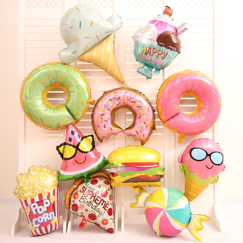 Bóng hình bánh Donut, trái cây, que kem, kẹo mút trang trí sinh nhật, trang trí tiệc