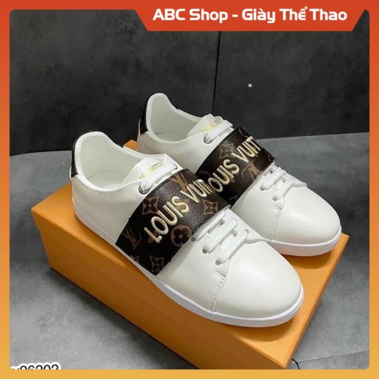 Giày lv thể thao nam nữ quai da dập chữ , Giầy sneaker LV trắng quai đen chữ thêu