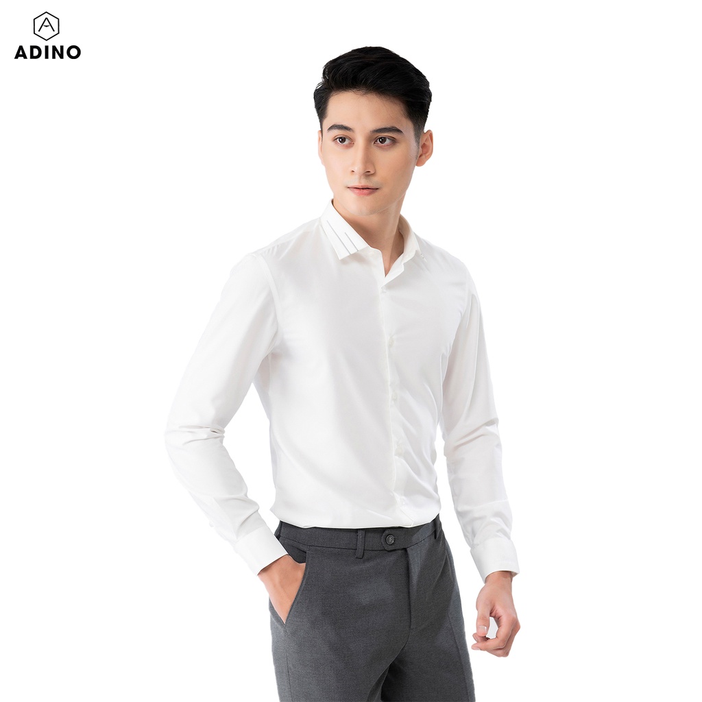 Áo sơ mi nam phối line màu trắng kem ADINO vải nến lụa sợi sồi mềm mịn dáng slimfit công sở hơi ôm trẻ trung SM08