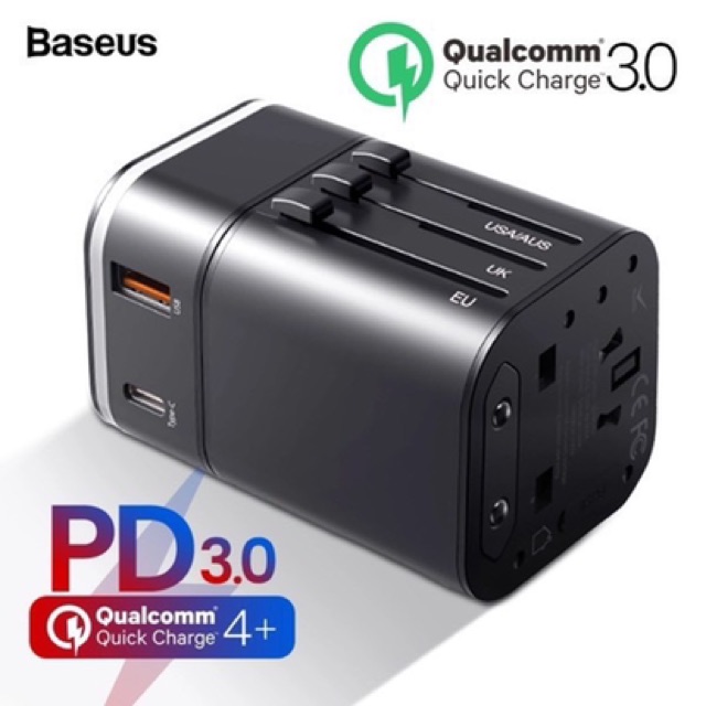 Ổ cắm điện du lịch nhanh hiệu Baseus QC 3.0 PD cho UK/AU/US-BH 6 THÁNG