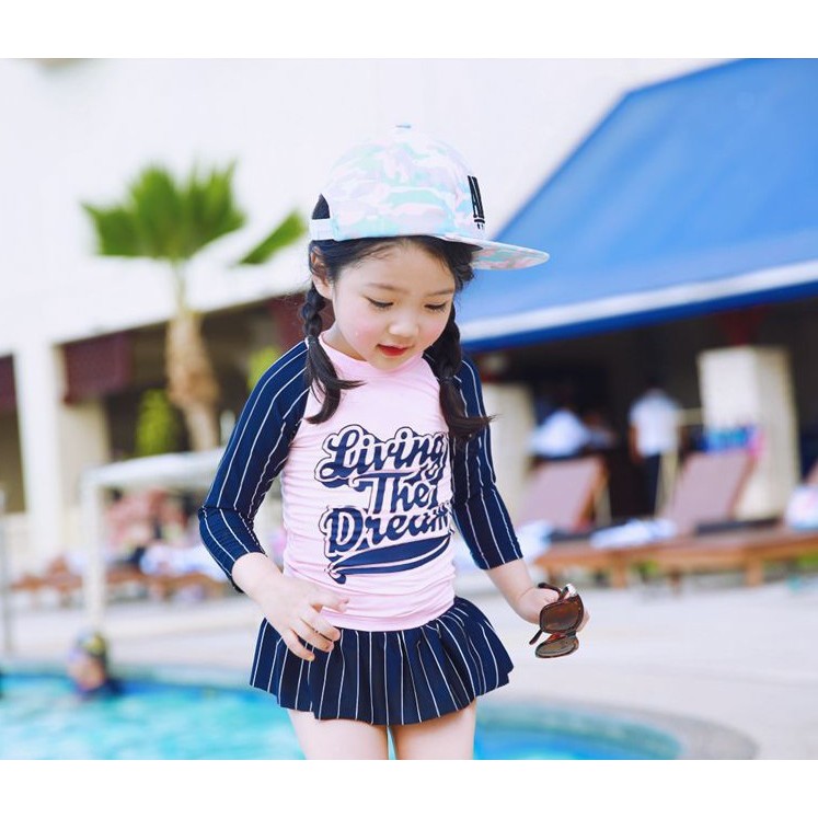 Bộ bơi đồ bơi tay sọc kẻ hàn quốc cho các bé gái