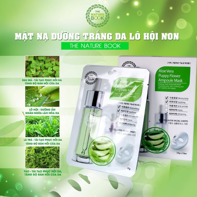 Mặt nạ dưỡng trắng da lô hội non the nature book, Aloe Vera Poppy Flower Ampoule Mask, mặt nạ dưỡng chính hãng Hàn Quốc