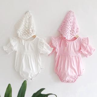 Bộ Áo Liền Quần Phối Ren + Mũ Xinh Xắn Chất Cotton Mềm Mại Cho Bé Gái