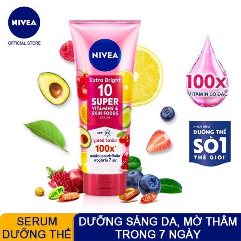 Serum dưỡng thể trắng da và mờ thâm Nivea 10 Super Vitamin & Skinfood Thái Lan (180ml)