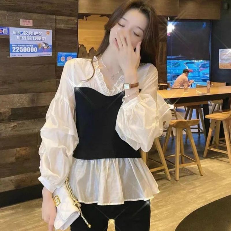 ÁO BÈO VOAN TRẮNG CỔ V TAY PHỒNG PHỐI ĐEN XINH XẮN 🧸🧸🧸