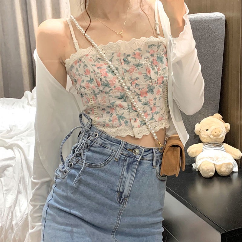 Bộ áo cardigan trắng + áo hai dây phối ren in họa tiết hoa tươi mới thời trang mùa hè cho nữ (có bán lẻ) | BigBuy360 - bigbuy360.vn