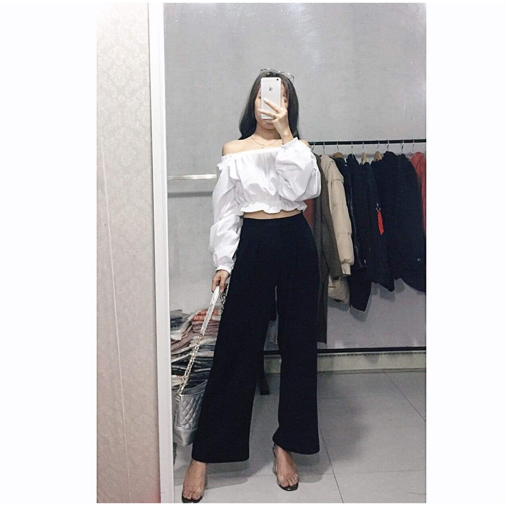 ÁO TRỄ VAI CROPTOP TAY DÀI BÈO NHÚNG ĐEN TRẮNG HOT - (Sp sẵn)