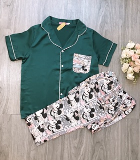 Bộ Lụa Satin Mickey Tay Ngắn Quần Dài