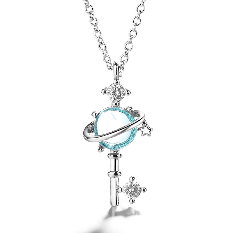 Sweet Little Fresh Artificial Blue Glaze Fantasy Planet Necklace Universe Aurora Starry Sky Clavicle Chain Jewelry Accessories