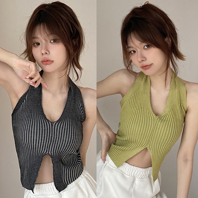 Áo Hai Dây Dệt Kim Cổ Chữ V Dáng Ôm Phong Cách Hàn Quốc Quyến Rũ Cho Nữ