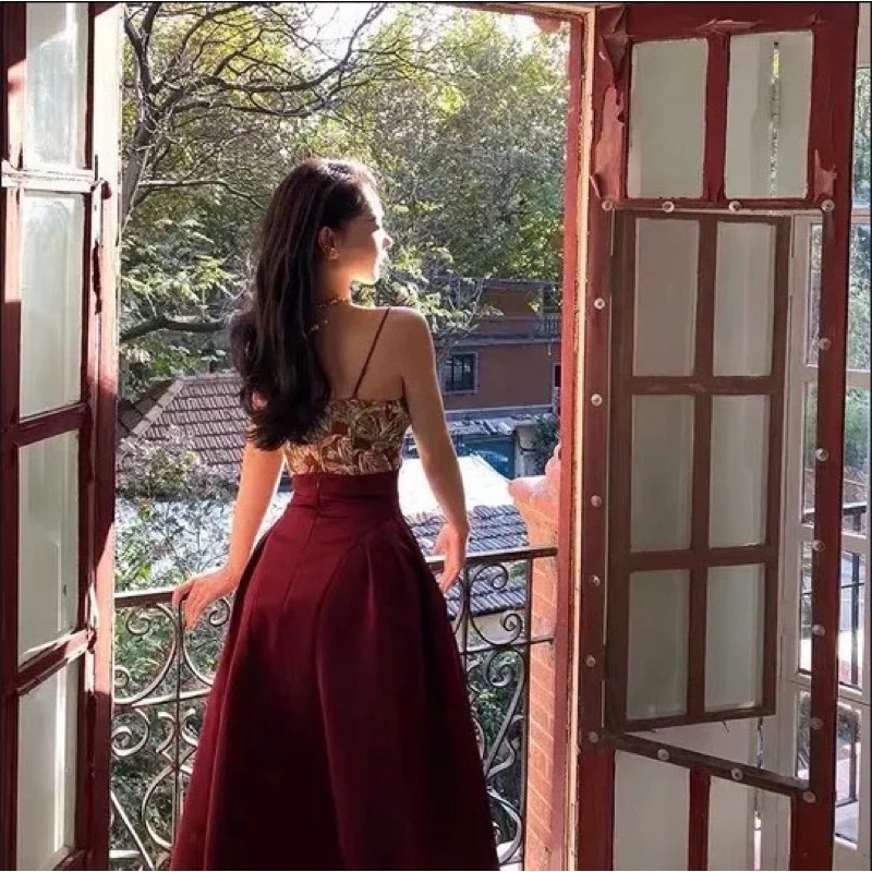 SET Áo Dây Ôm Croptop Hoa + Váy Xoè Đỏ Đô Sang Chảnh