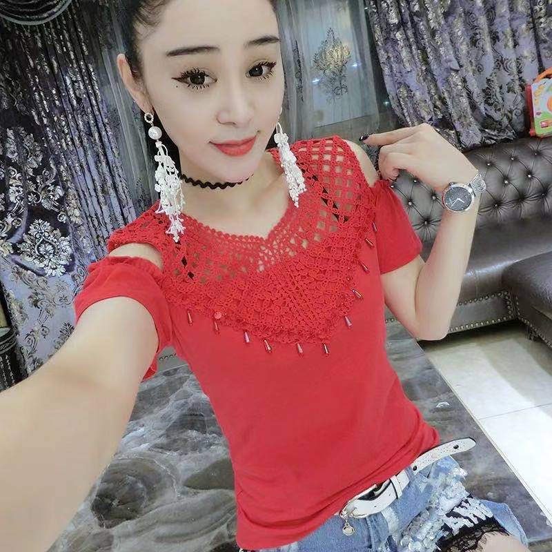 ☾☒Áo thun nữ ngắn tay cotton trơn màu 2021 thời trang mùa hè mới phiên bản Hàn Quốc của trễ vai cổ chữ V siêu mỏ