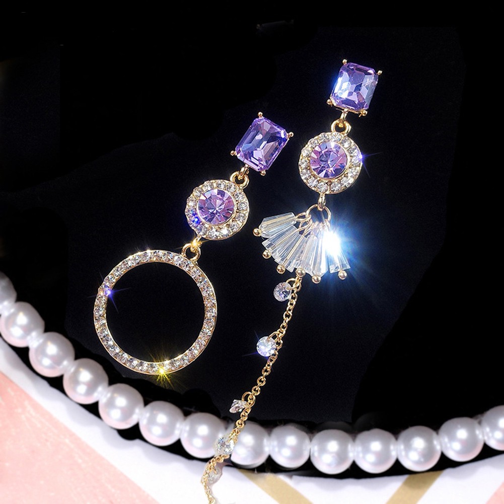 SF Rhinestone Geometric Circle  Dangle Long Asymmetric Stud Earrings Jewelry