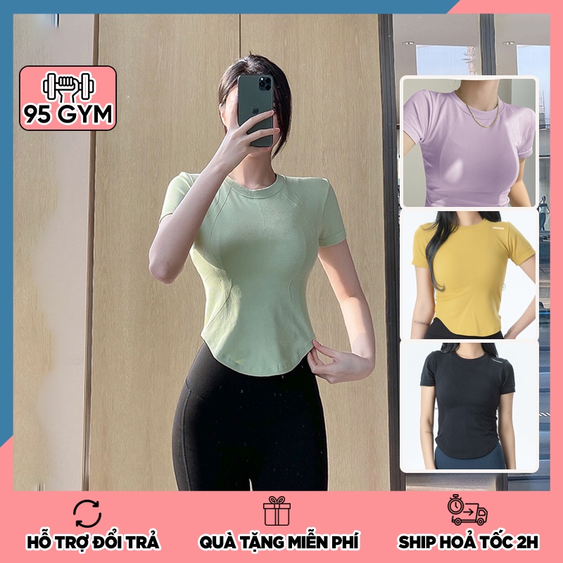 Áo tập gym yoga nữ 95Gym AC25 dáng ngắn cộc tay thể thao chất thun gân mềm co giãn tốt