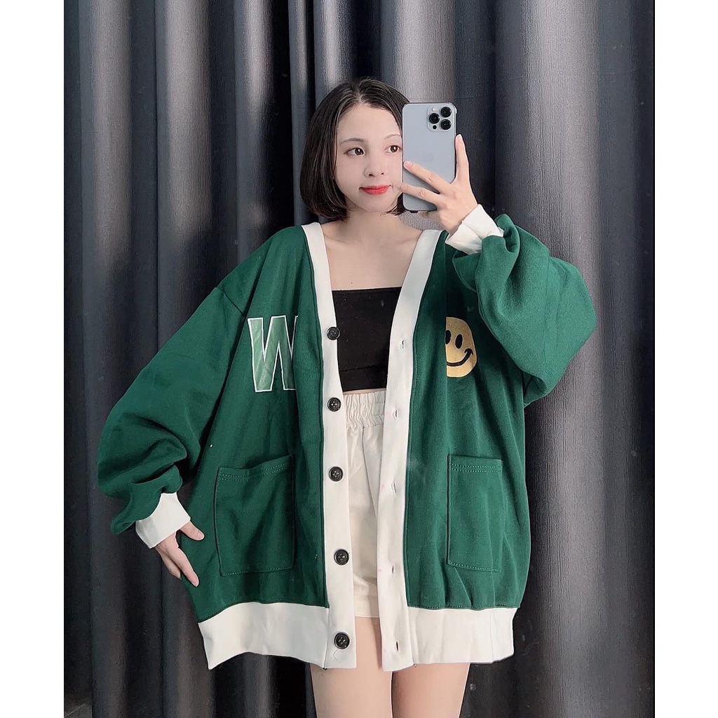 Áo khoác nỉ W cười cadigan Unisex Nam Nữ dáng dài trùm cúc to phối viền trắng