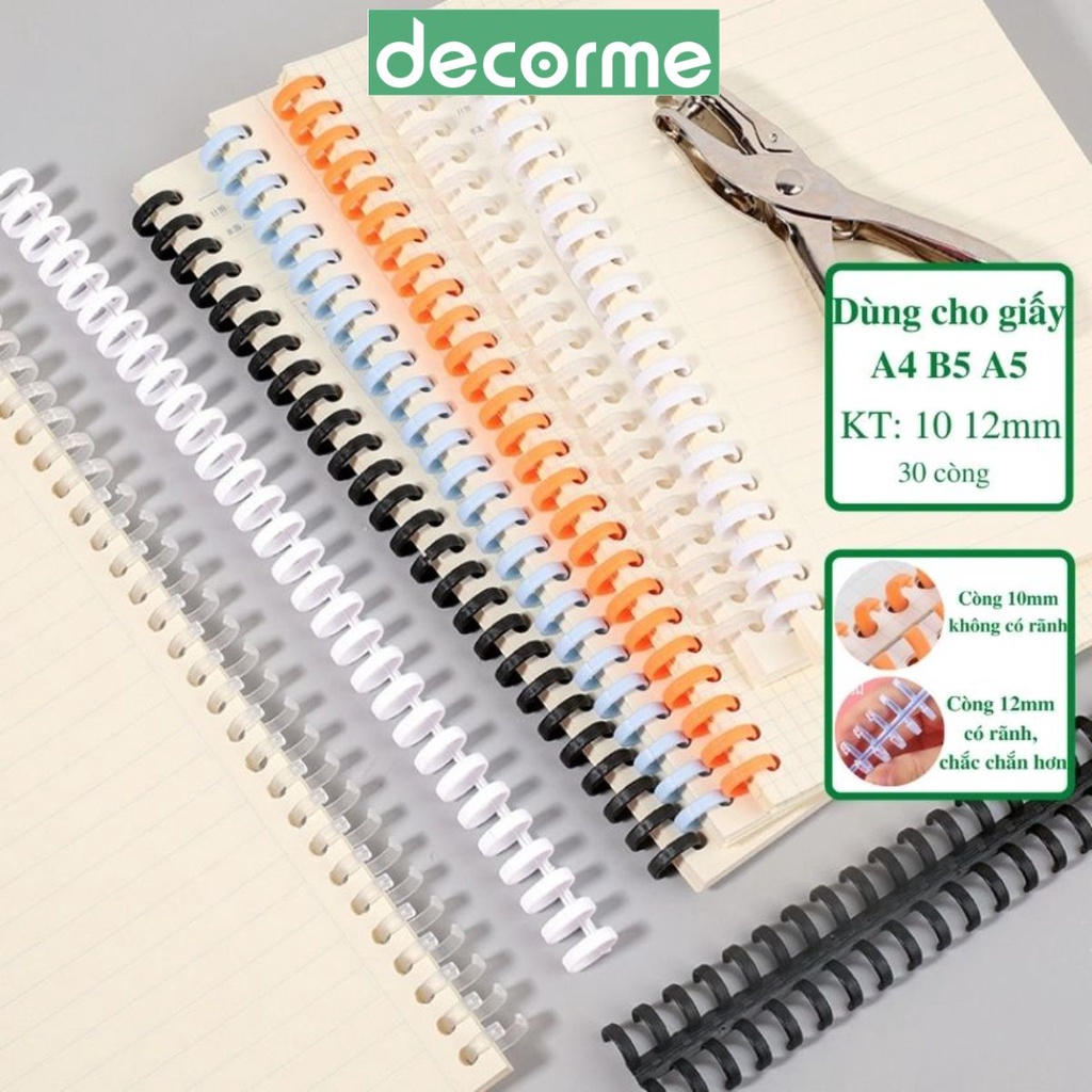 Binder thanh còng nhựa làm sổ, kẹp tài liệu đường kính 10mm 12mm bìa màu A5 B5 A4 20 26 30 lỗ DECORME