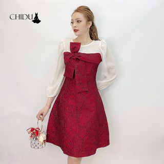 CHIDU váy gấm cổ tròn thắt nơ sang trọng thanh lịch - SP241